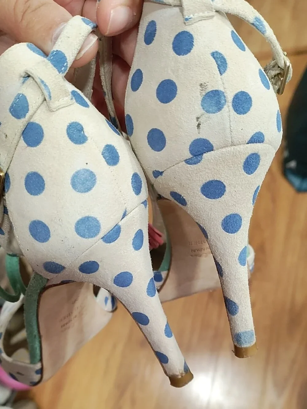 Boden White Pointed-Toe Polka Dot Heels with Blue Dots and Teal Ankle Tie